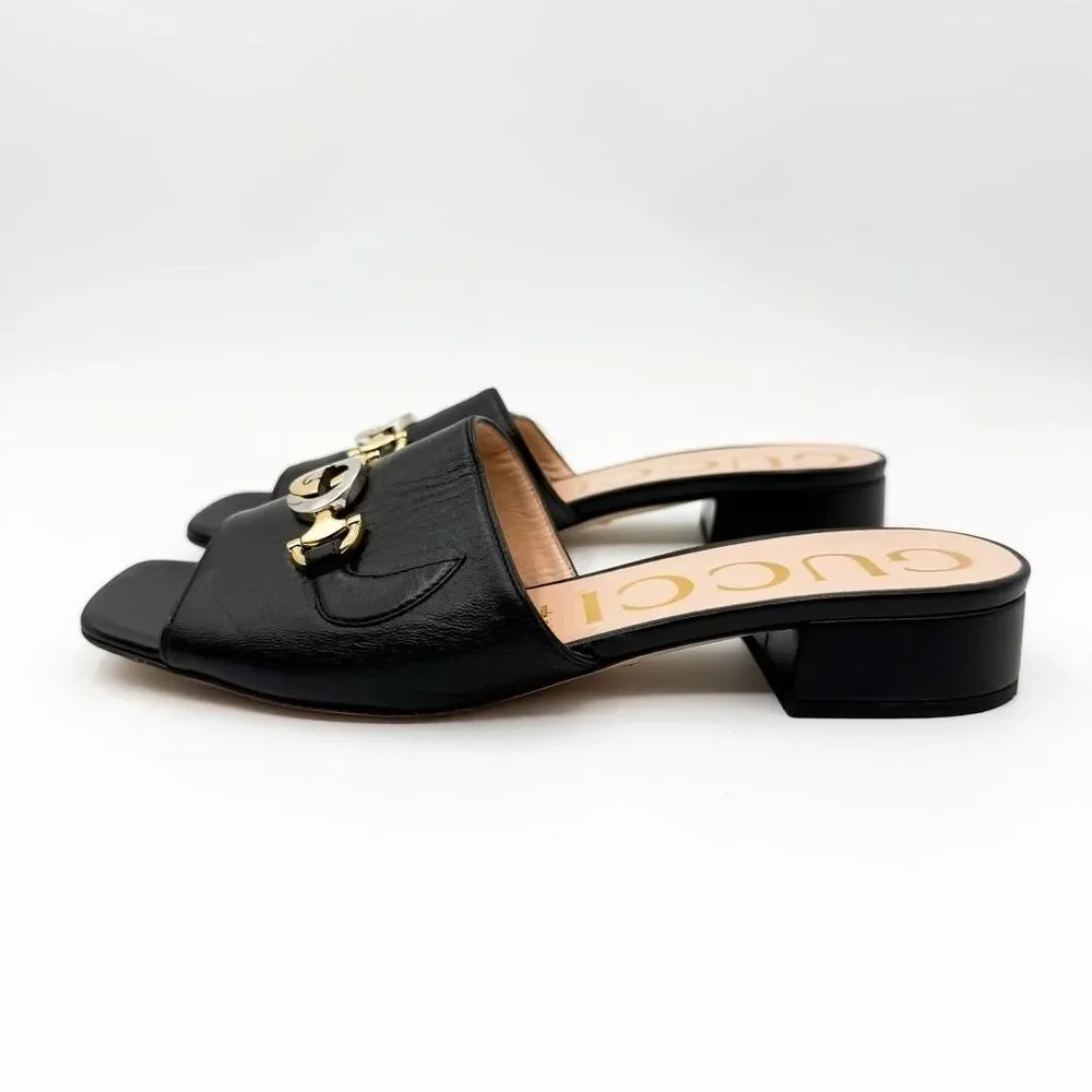 Gucci Zumi GG Horsebit Slide Sandals Black Mules EU 37.5 US 7.5